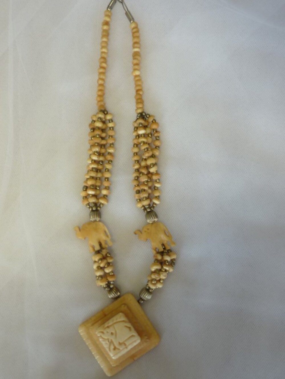 Vintage Tribal Carved Bovine Bone Elephant Silver Beads 21" Long Multi Necklace